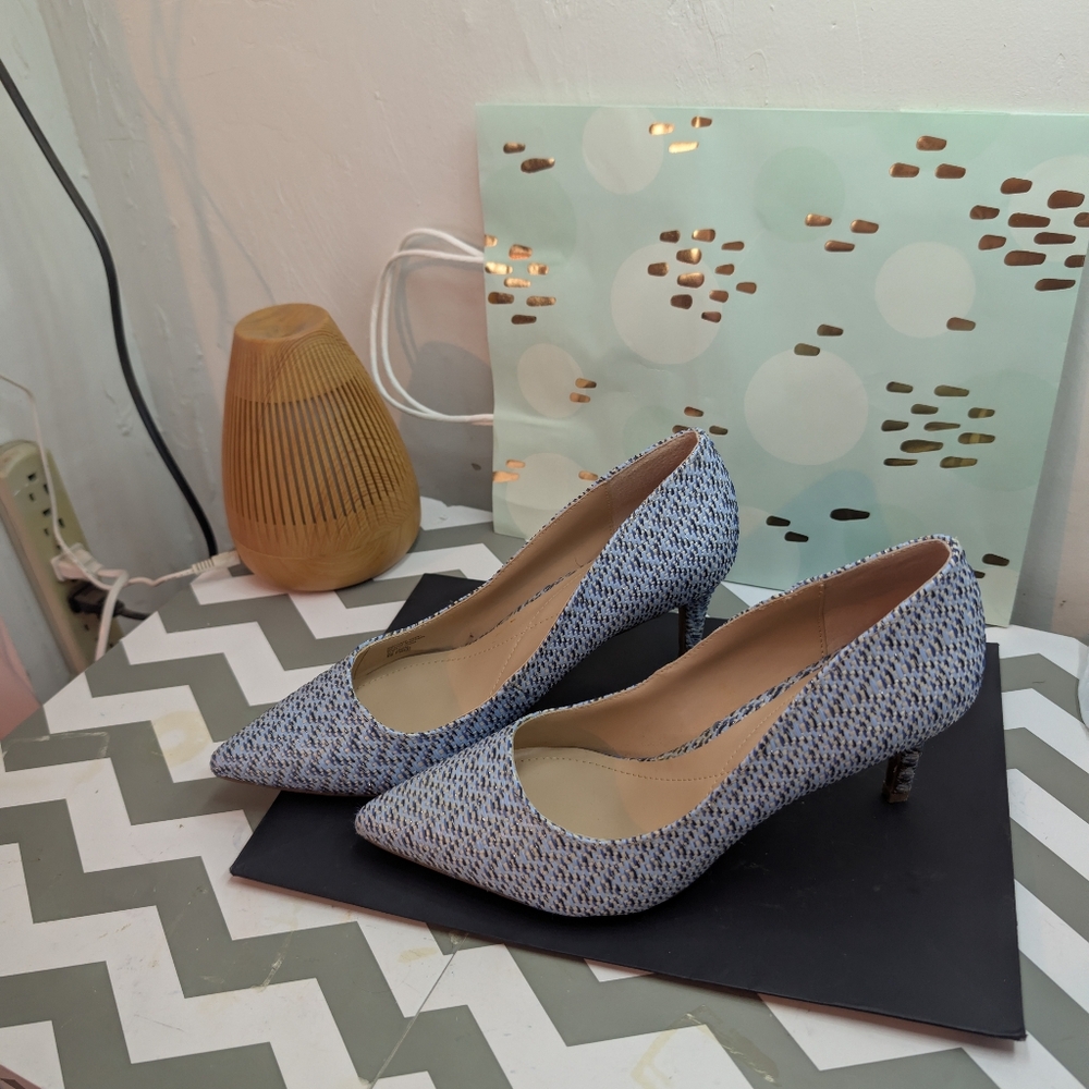 Alfani Pointed-Toe Pumps in Light Blue and White Woven Pattern